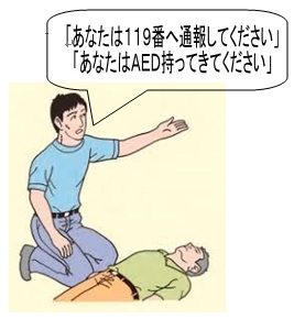 「あなたは119番へ通報してください」「あなたはAED持ってきてください」